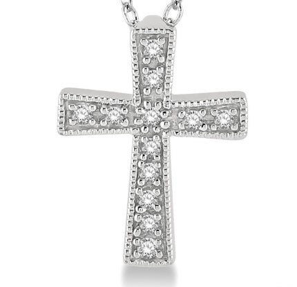 Sterling Silver 1/20cttw Diamond Milgrain Cross Pendant Necklace
