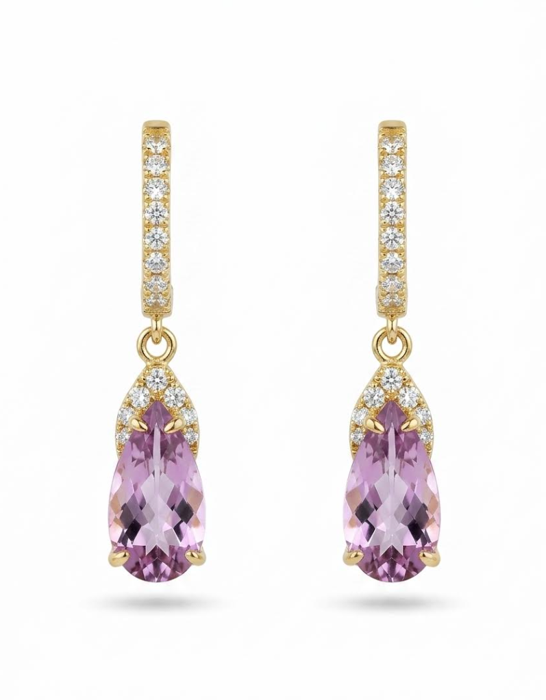 18K Yellow Gold Pear Shape Amethyst Drop Earrings with Diamond Accents by David Kord Main image