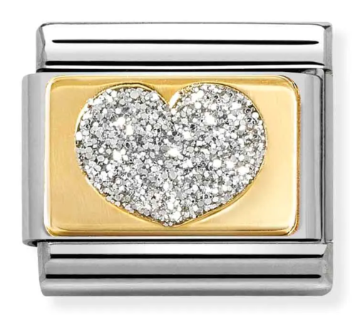 Stainless Steel & 18K Yellow Gold Silver Glitter Heart Charm