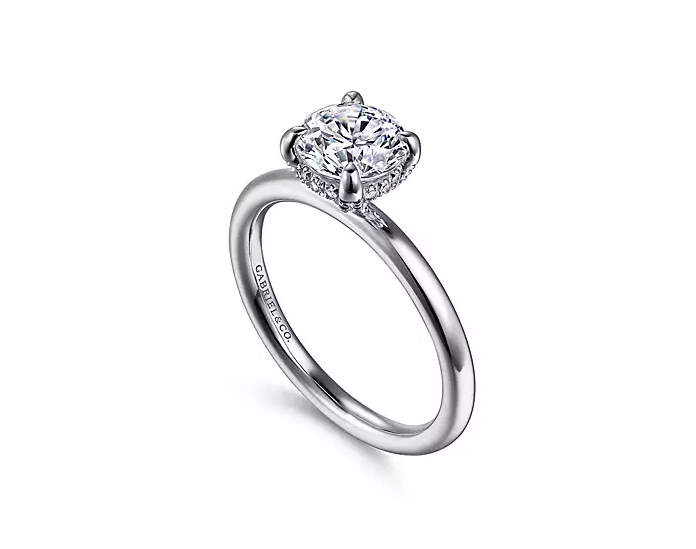 14k Wg 0.11ctw Diamond Hidden Halo/Peg Basket  Round Semi Mount w/ Claw Prongs by Gabriel & Co.

0.11ctw Dia G-H/SI2 or higher
Head size 6.5

Serial No. S1692728