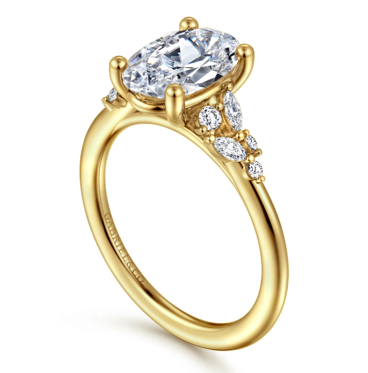 14K Yellow Gold "Meera" Oval Diamond Cluster Sides Semi-Mount by Gabriel NY
