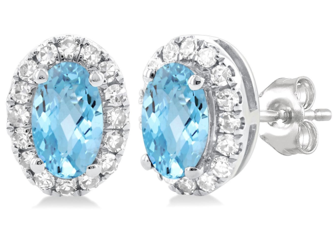 10K WG 5x3 Oval Aquamarine .13cttw Dia Halo Studs