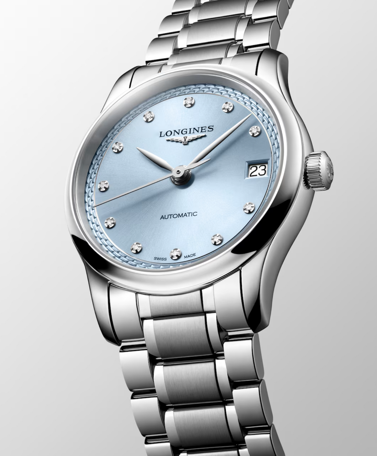 Longines Master 34mm Watch with Frosted Blue Dial & Diamond Markers