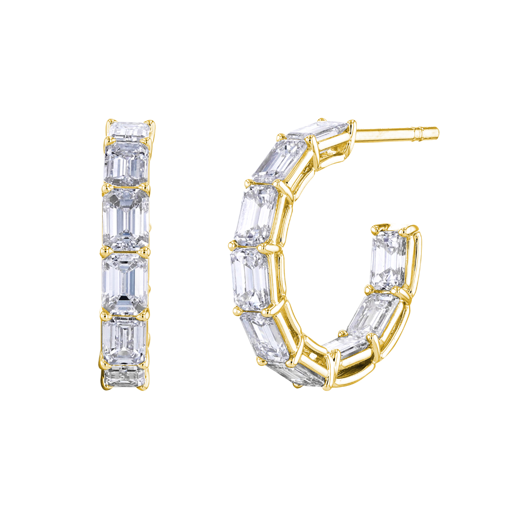 18K YG 3/4" North-South Emerald Cut Shared Prong Hoops by Joshua J Main image