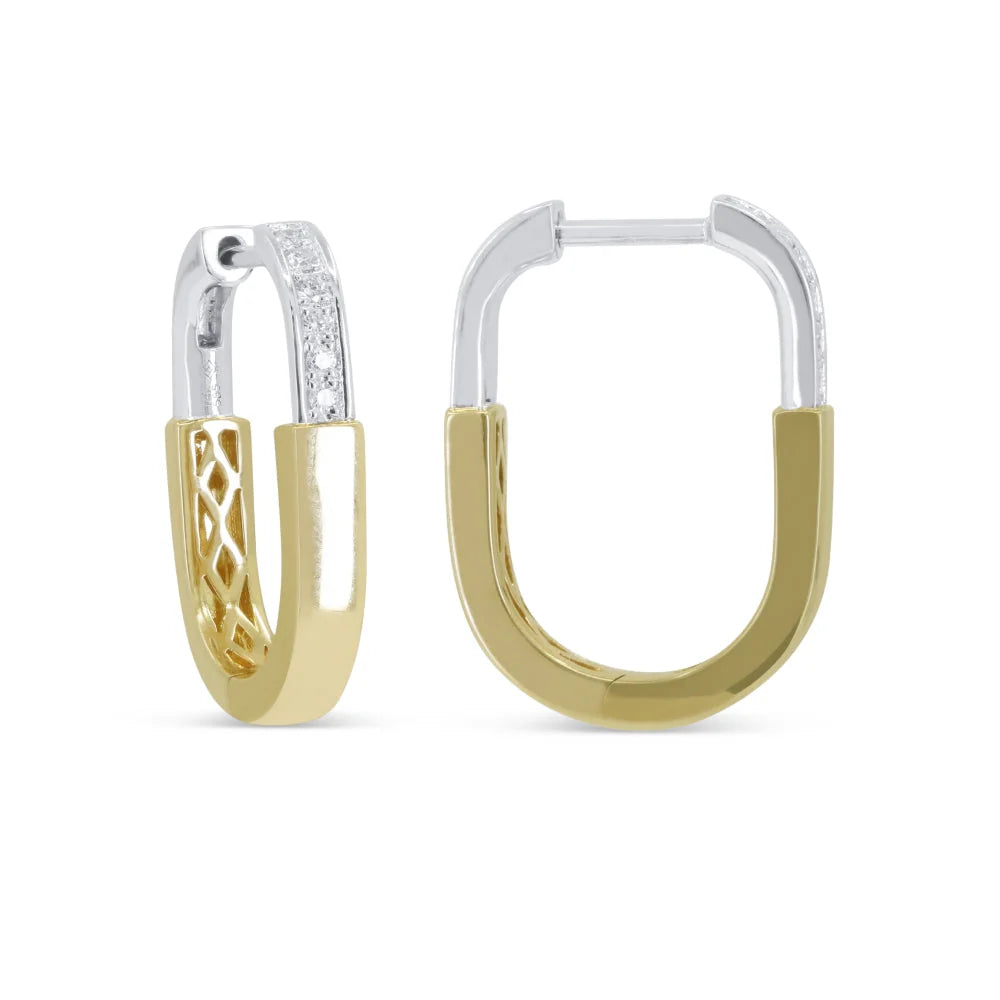 14K Two-Tone Diamond Oval Lock Hoop Earrings Main image
