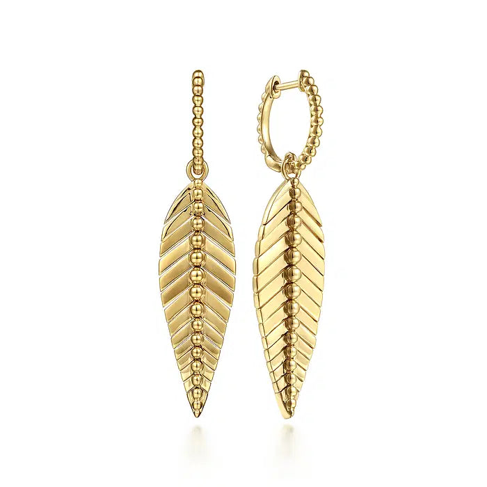 14K YG Polished Gold Drop Leaf Huggie Earrings by Gabriel NY