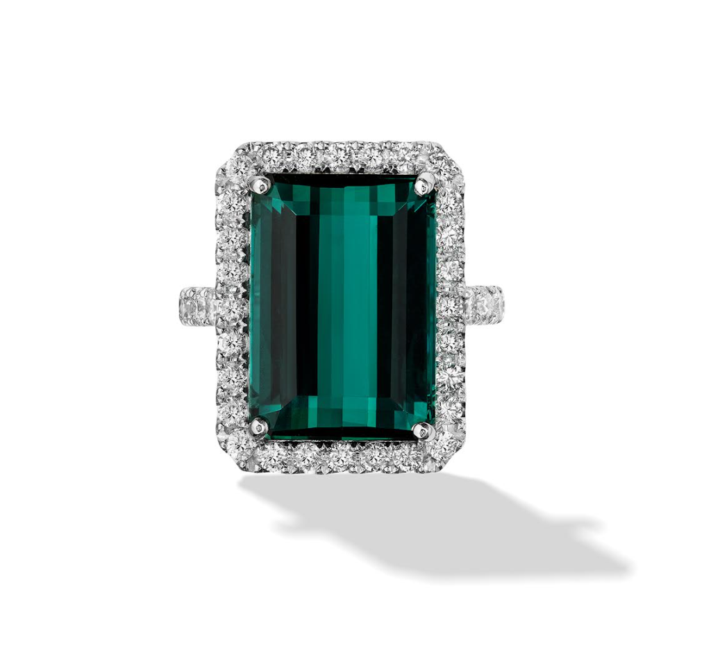18K White Gold Emerald Cut Blue-Green Tourmaline & Diamond Halo Ring by David Kord
