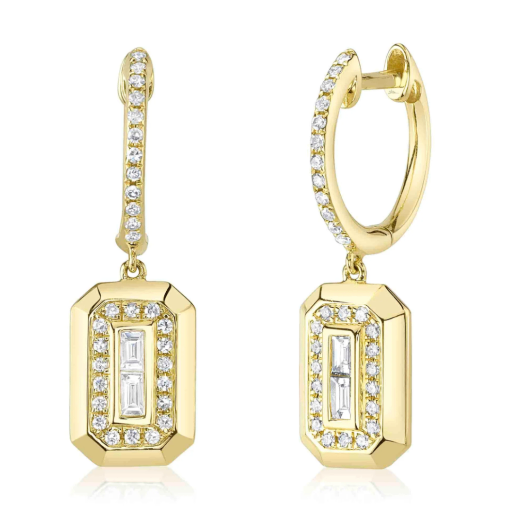 14K YG Diamond Baguette Geo Drop Huggies by Shy Creation