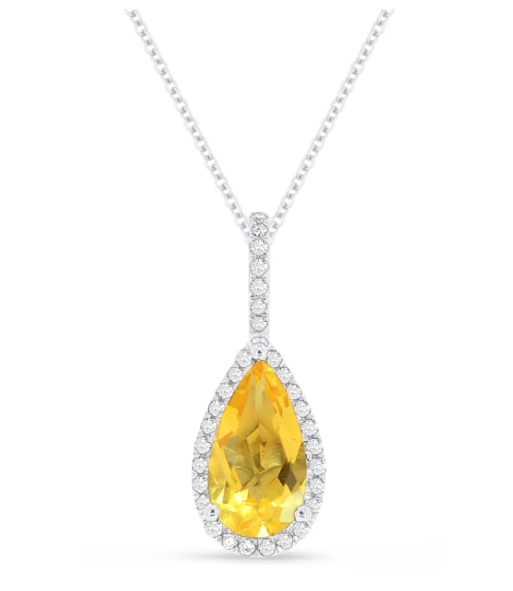 14K White Gold Pear Shape Citrine & Diamond Halo Pendant Necklace