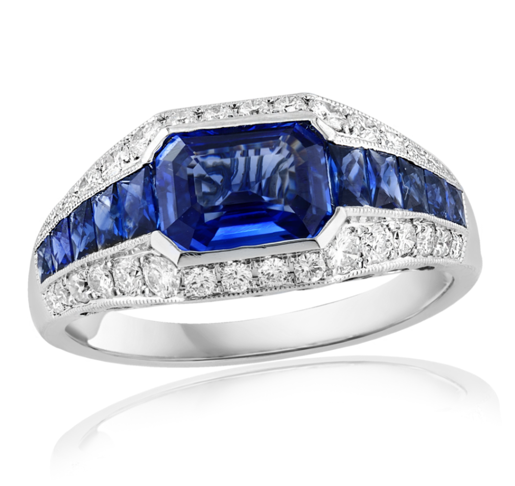 Platinum East-West Sapphire & Diamond Outline Wide Band Main image