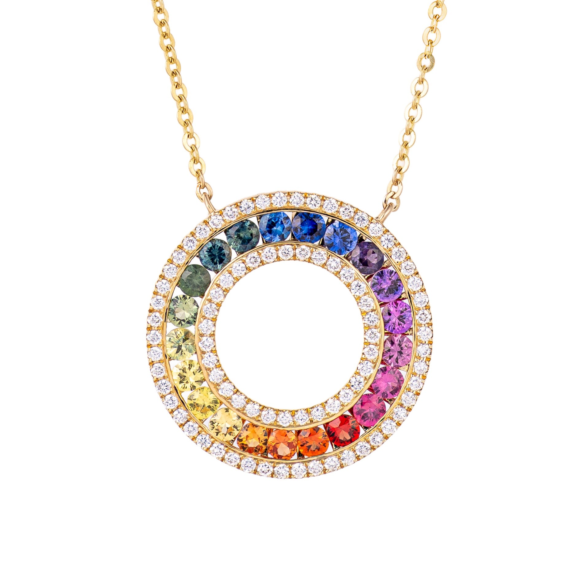 14K Yellow Gold Rainbow Sapphire & Diamond Halo Open Circle Pendant Necklace