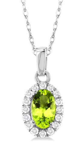 10K WG 5x3 Oval Peridot & .07cttw Dia Halo Pendant