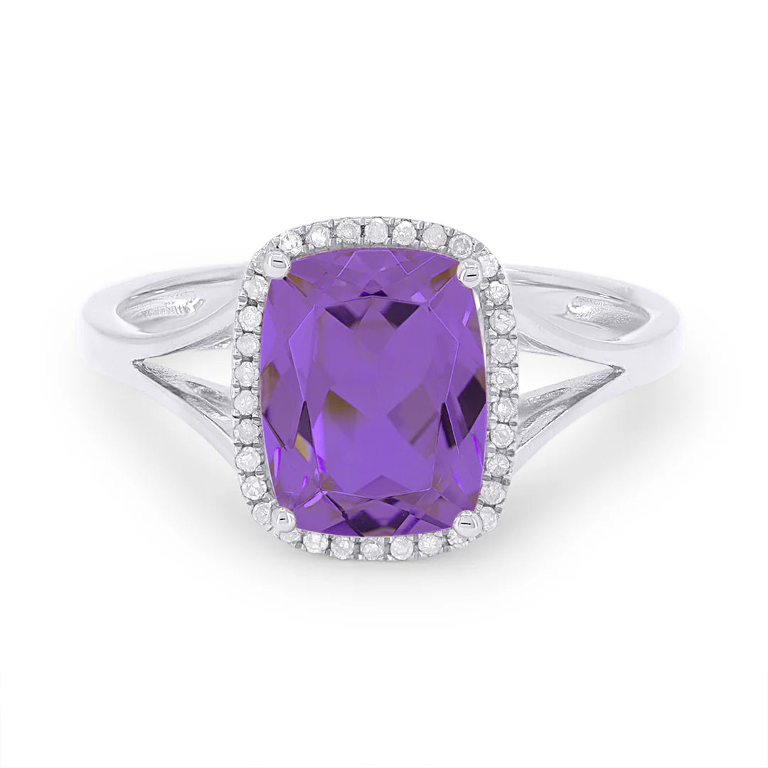 14K WG Cushion Amethyst Diamond Halo Ring