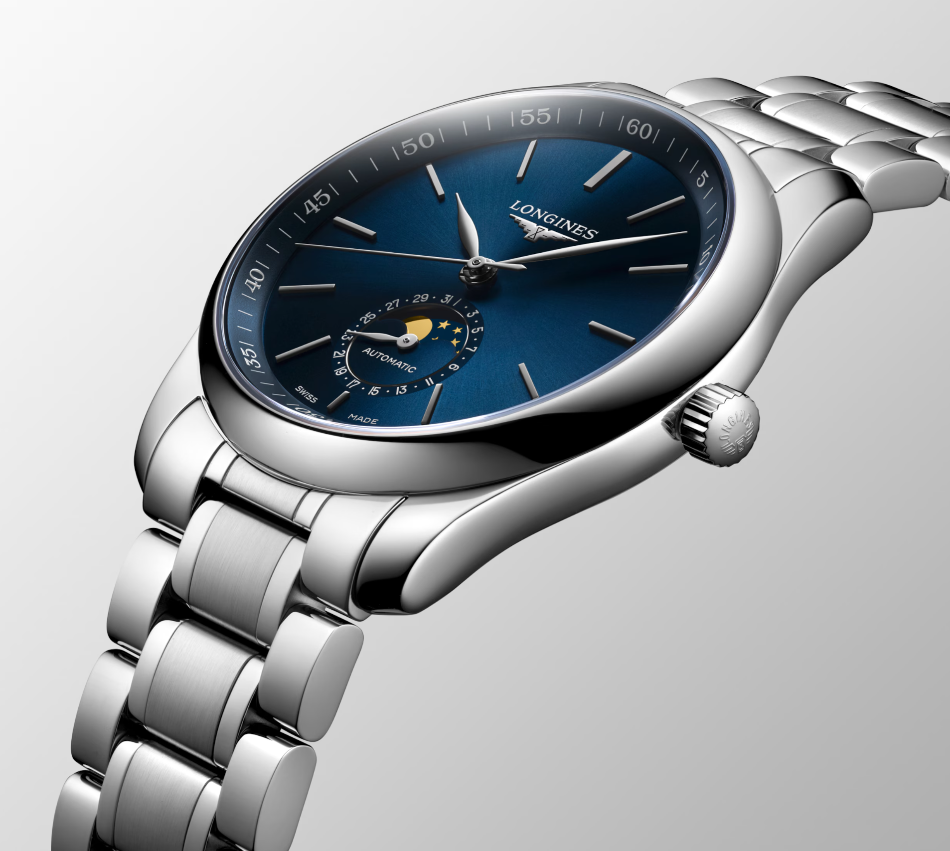Longines Master Stainless Steel 40mm Moonphase Watch in Sunray Blue