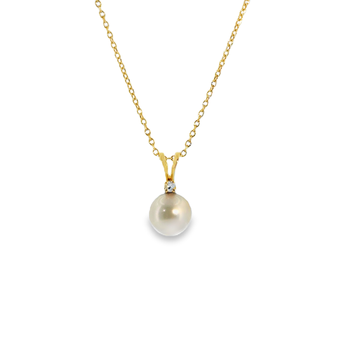 14K Yellow Gold Pearl & Single Diamond Pendant Necklace Main image