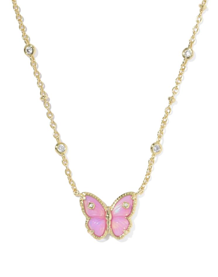 Gold Plated Cailey Butterfly Short Pendant Necklace in Pink Opalescent Resin by Kendra Scott Main image