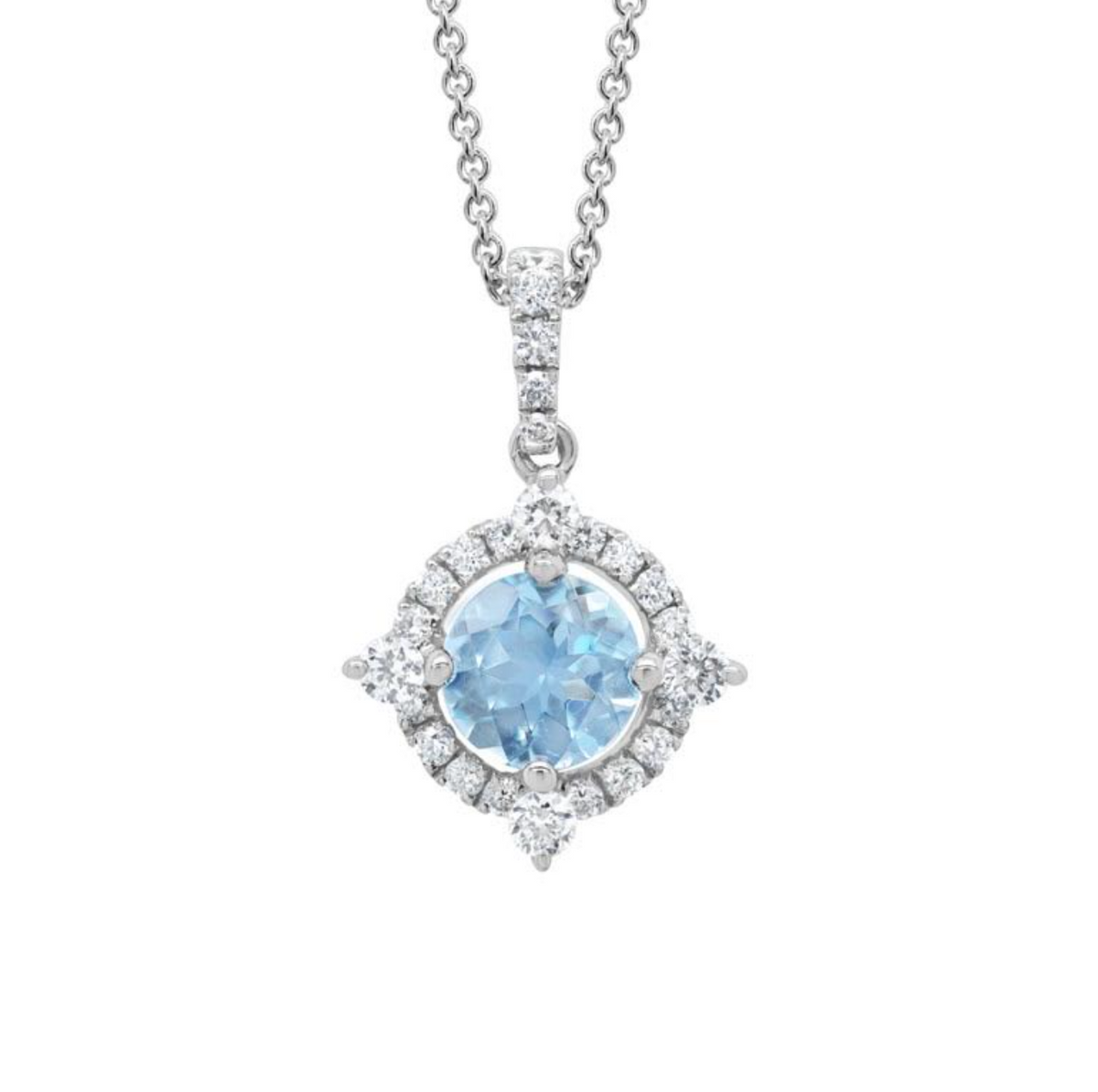 14K White Gold Aquamarine & Diamond Halo Pendant Necklace Main image