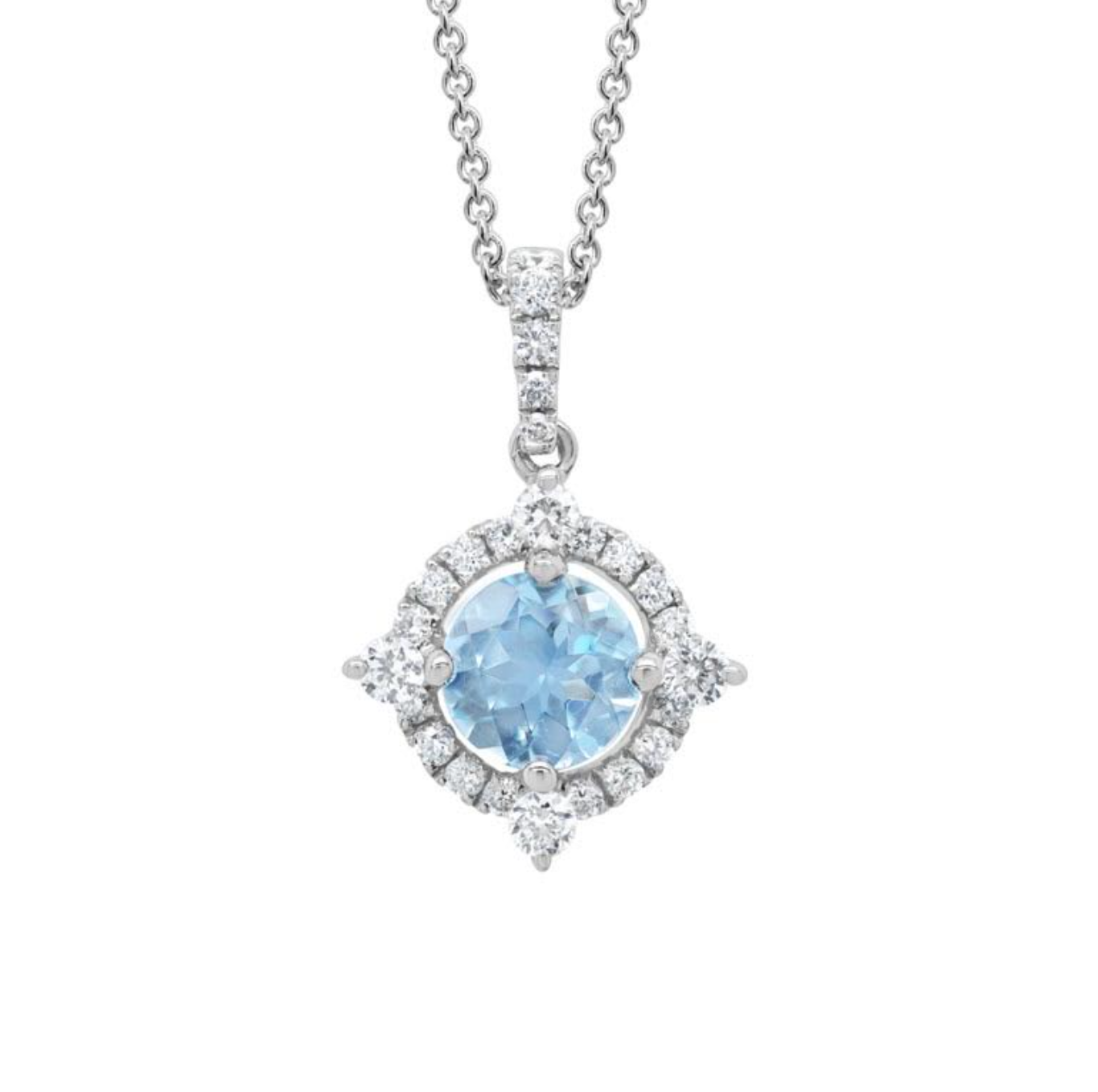 14K White Gold Aquamarine & Diamond Halo Pendant Necklace