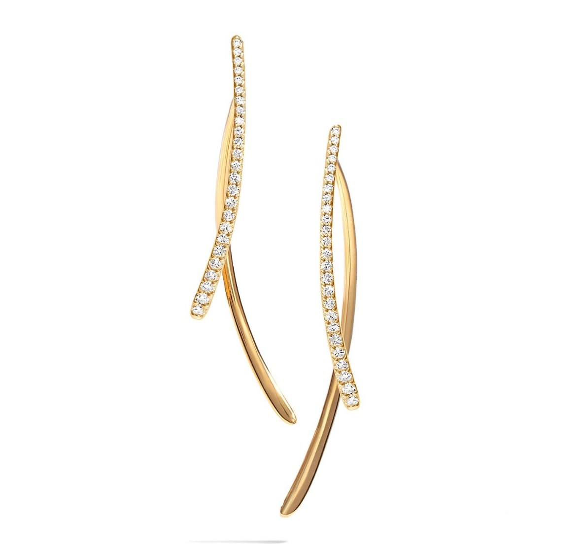 18K Yellow Gold Diamond Long Curved Double Dangle Earrings