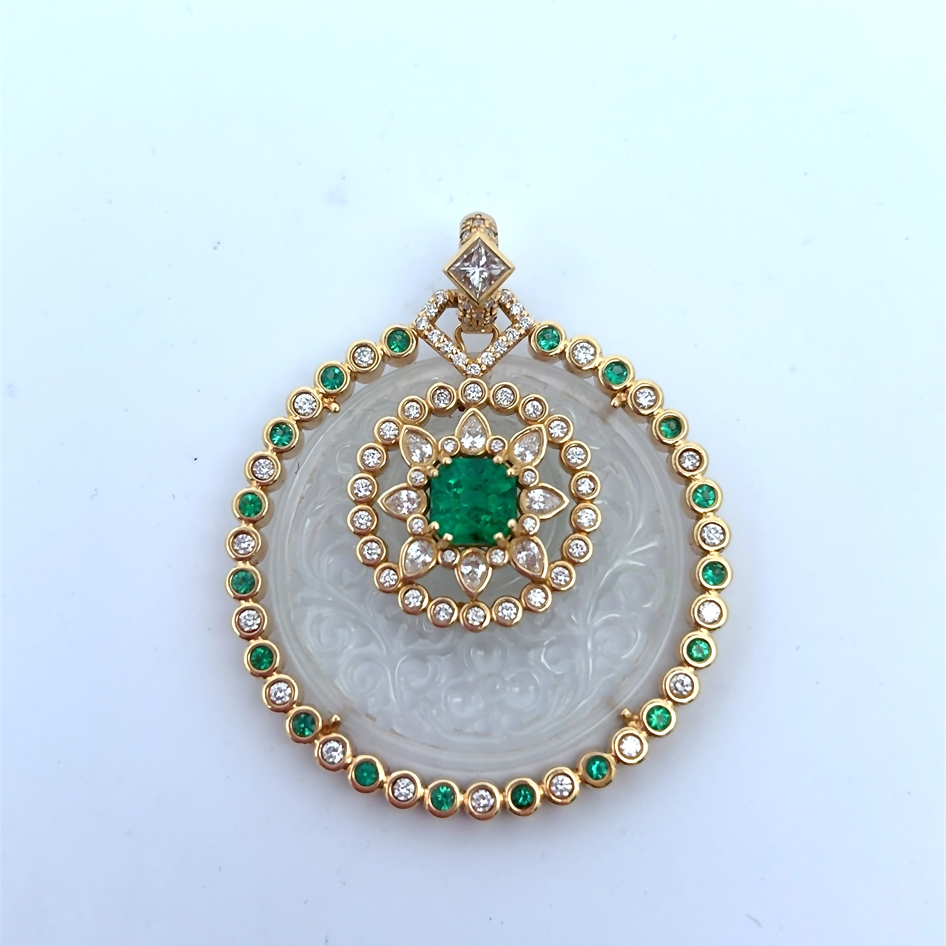 18K YG Carved Icy Jade Pendant w 1.80ct Center Emerald and Alt. Diamond/Emerald Halo with Diamond Accented Bail by Erica Courtney Main image