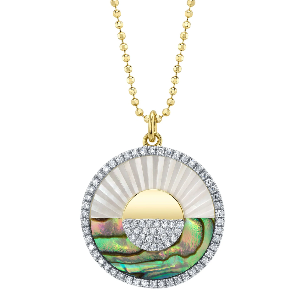 14K YG Diamond Pave Abalone Shell & Mother of Pearl Ribbed Sunrise Pendant Necklace by Shy Creation