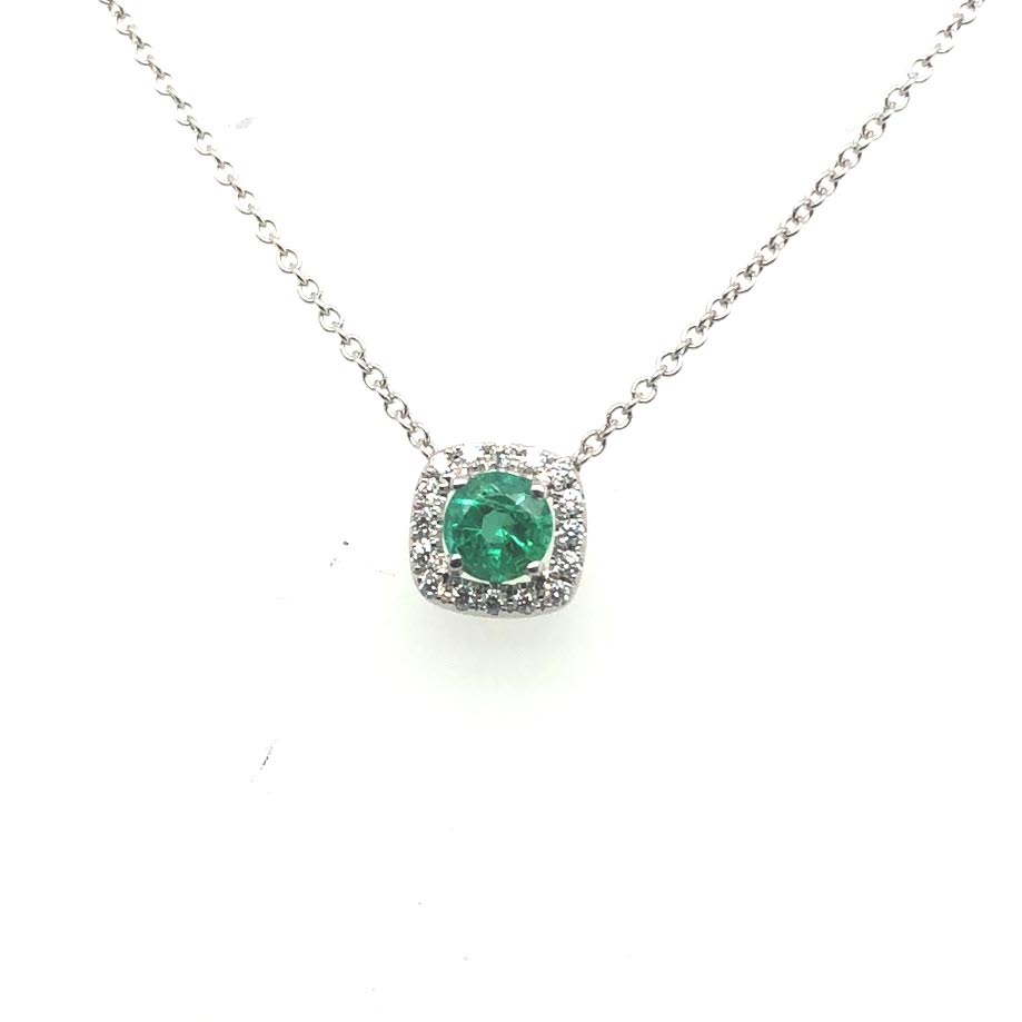 14K WG Emerald & Diamond Cushion Halo Pendant by David Kord
