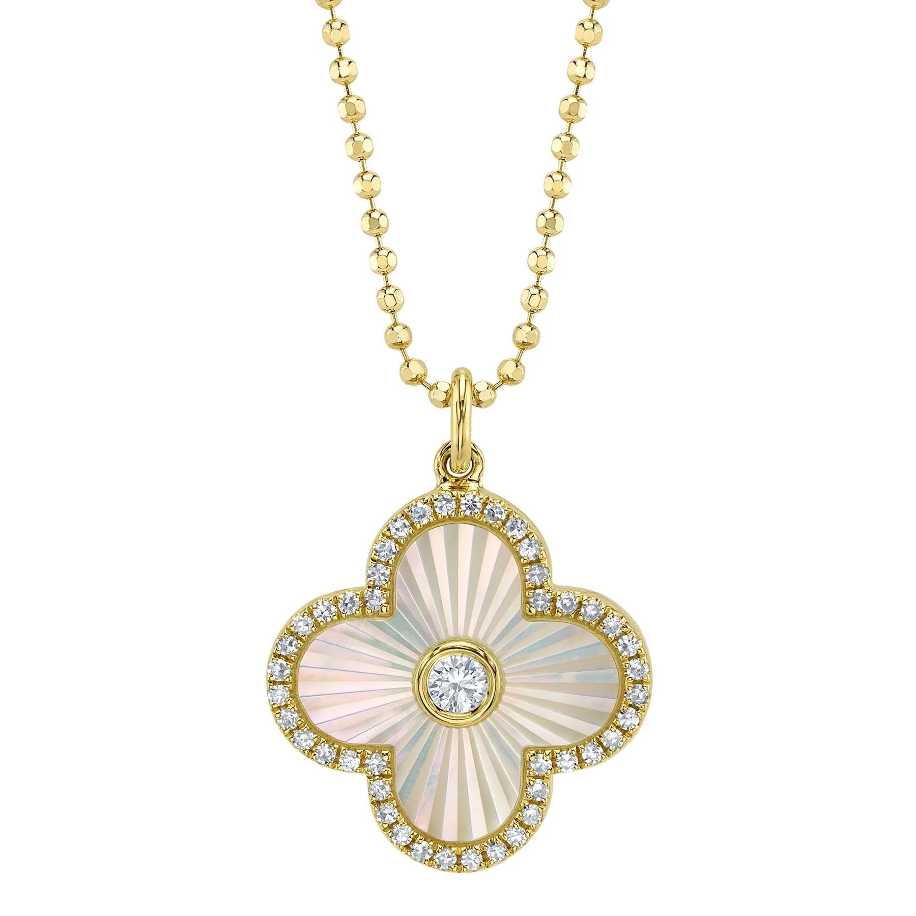 14K YG 1/5cttw Diamond Fluted MOP Bezel Clover Pendant Necklace w Ball Chain