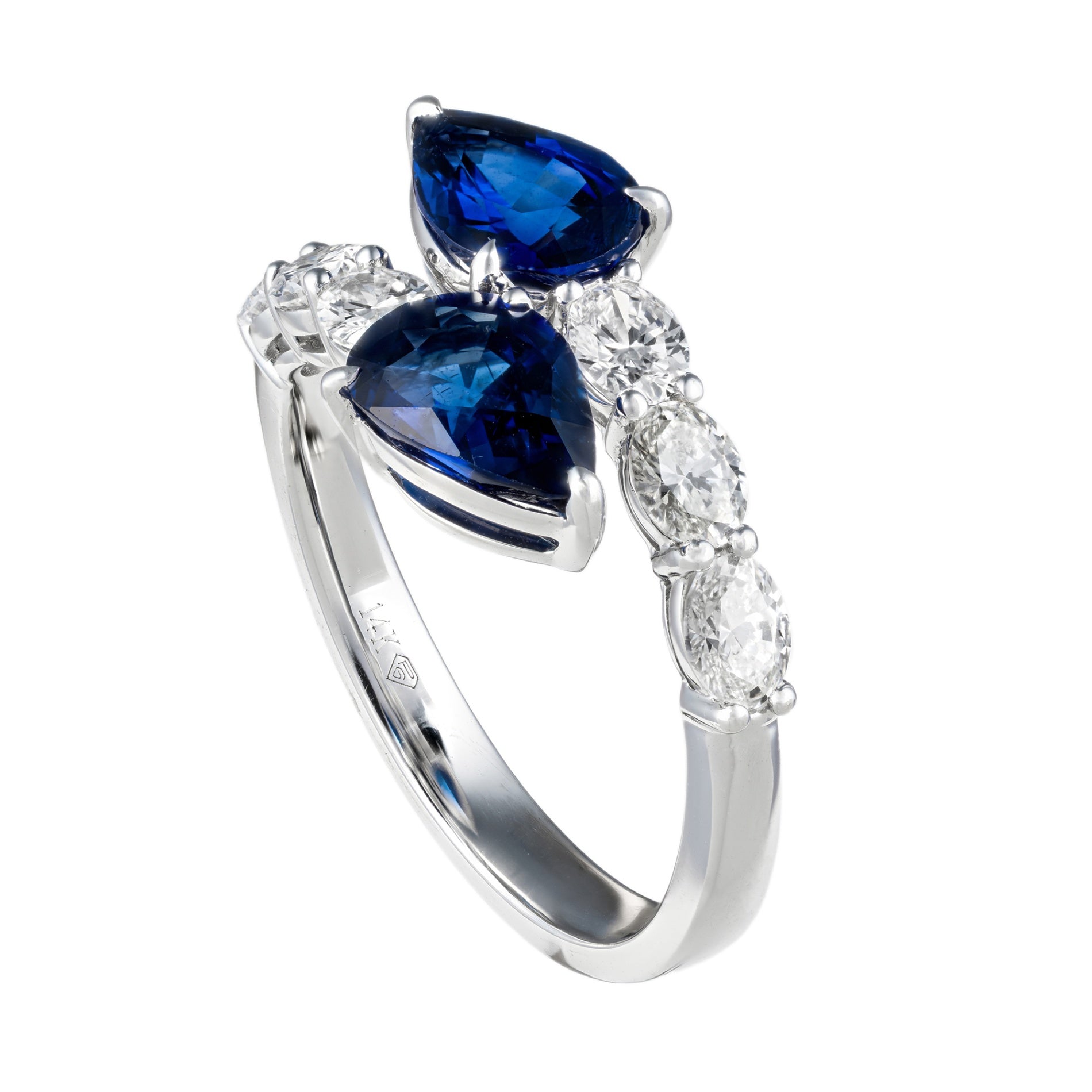 14K WG Pear Shape Sapphire & Oval Diamond Bypass Ring