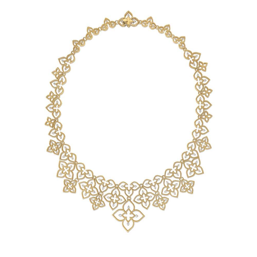 18K Yellow Gold Diamond Open Frame Princess Flower Collar Necklace by Roberto Coin