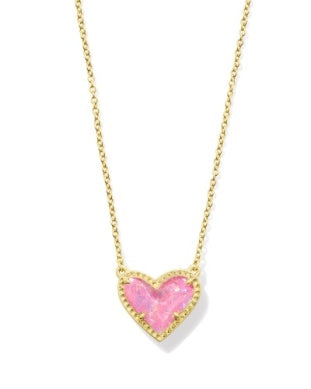 Gold Plated Ari Heart Short Pendant Necklace in Pink Iridescent Glitter Glass by Kendra Scott Main image