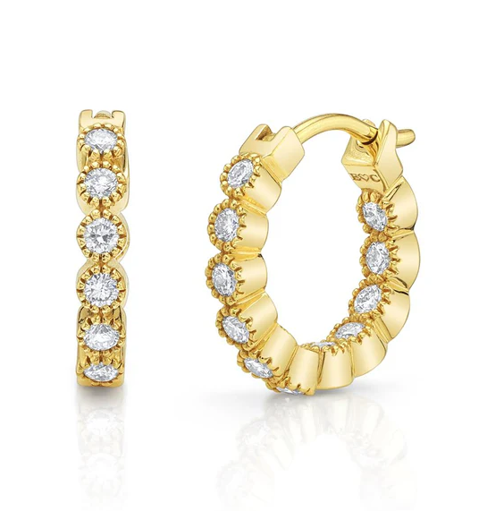 18K Yellow Gold Bezel Set Inside Out Diamond Huggies by Erica Courtney