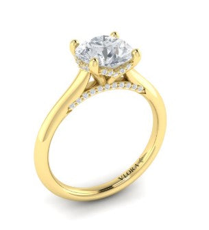 14K Yellow Gold Round Diamond Cathedral Solitaire Semi-Mount with Diamond Accents by Vlora
