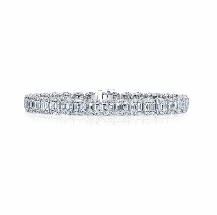 18K White Gold Emerald & Round Diamond Tennis Bracelet by Joshua J