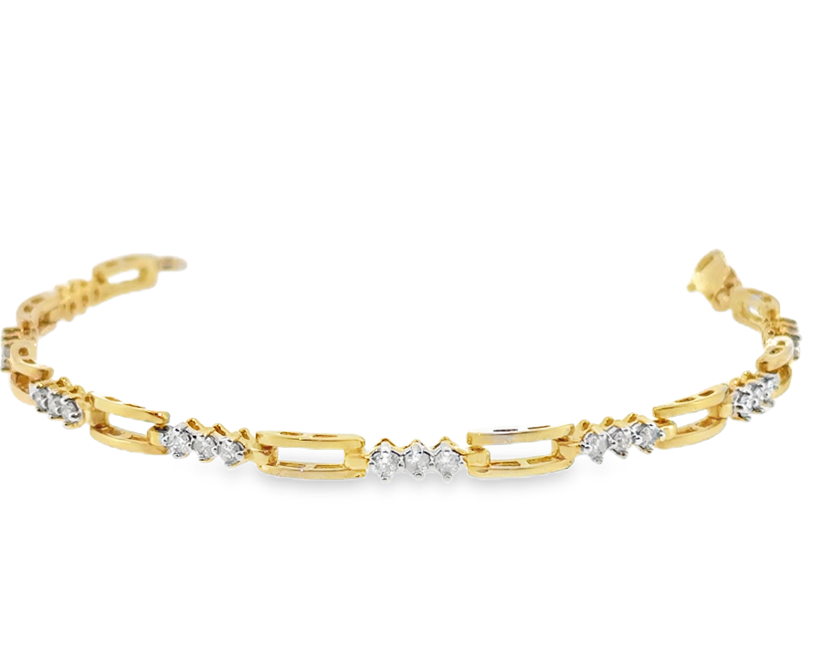 14K Yellow Gold Three Diamond Station Link Tennis Bracelet *Estate Item Sold as is, Final Sale*
