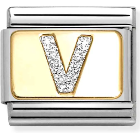 Stainless Steel & 18K Yellow Gold Glitter Letter V Initial Charm