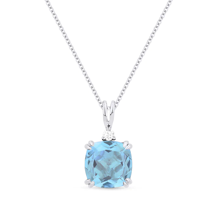 14K WG Cushion Swiss Blue Topaz & Diamond Accent Pendant Necklace