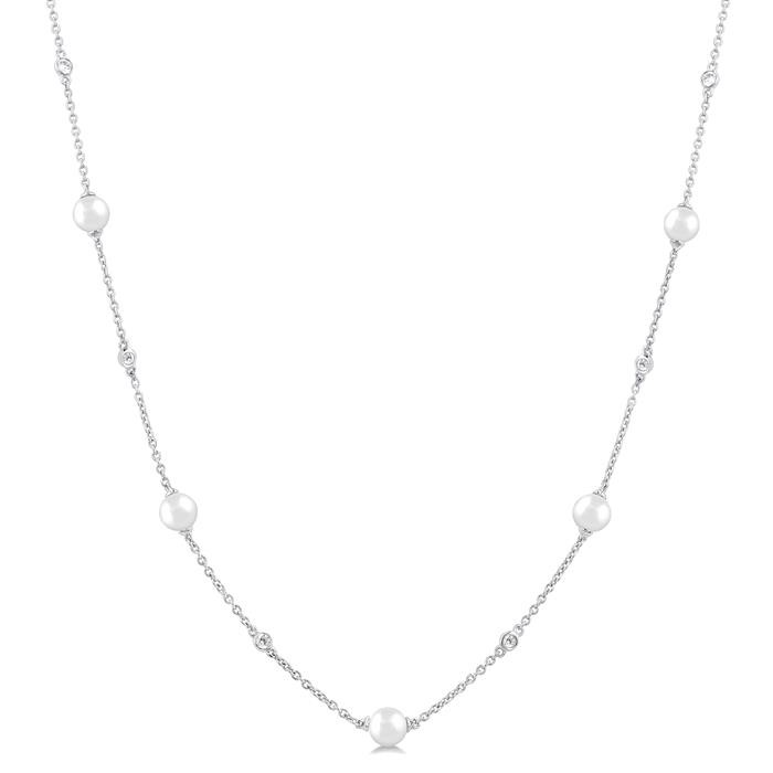 14K WG 3mm Cultured Pearl & Diamond Station Necklace Main image
