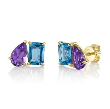 14K YG 3.66ct Amethyst & Blue Topaz Stud Earrings Main image