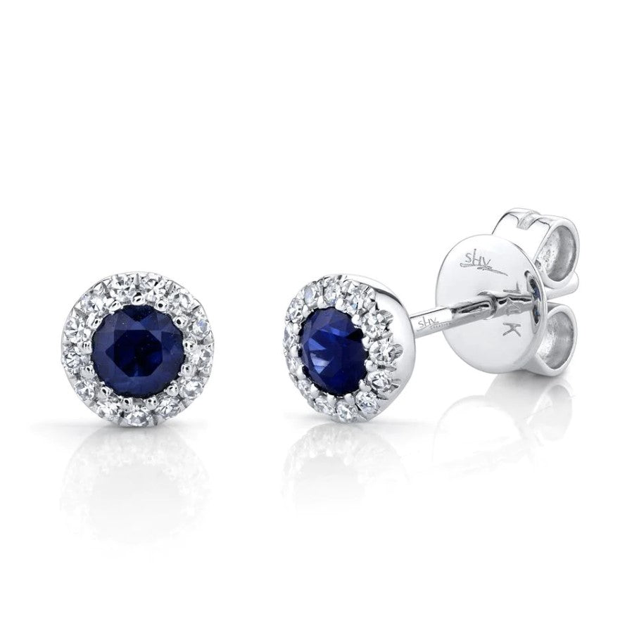 14K WG Round Blue Sapphire & Diamond Halo Studs Main image